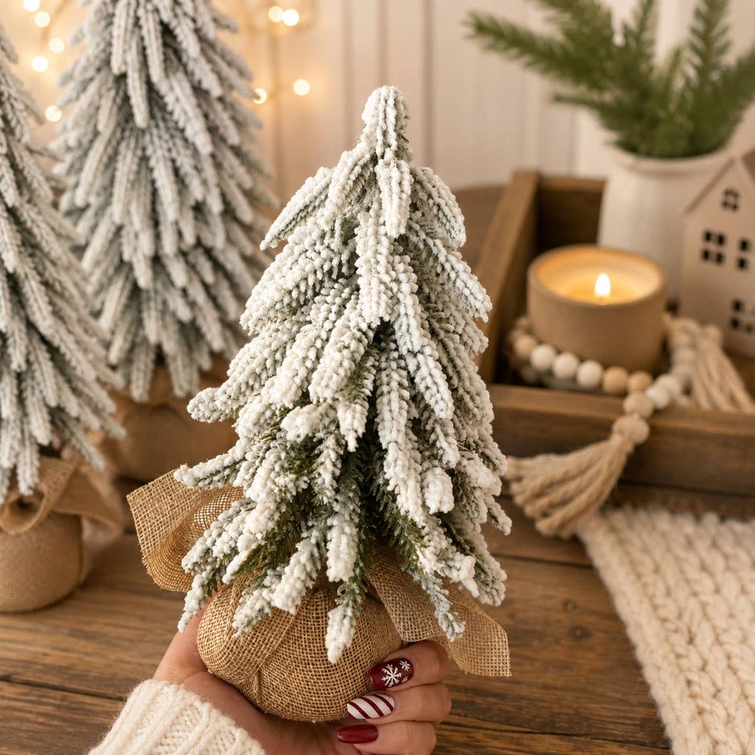 Christmas Trees with Snow, Holiday Mantle & Shelf Home Decor: 8"