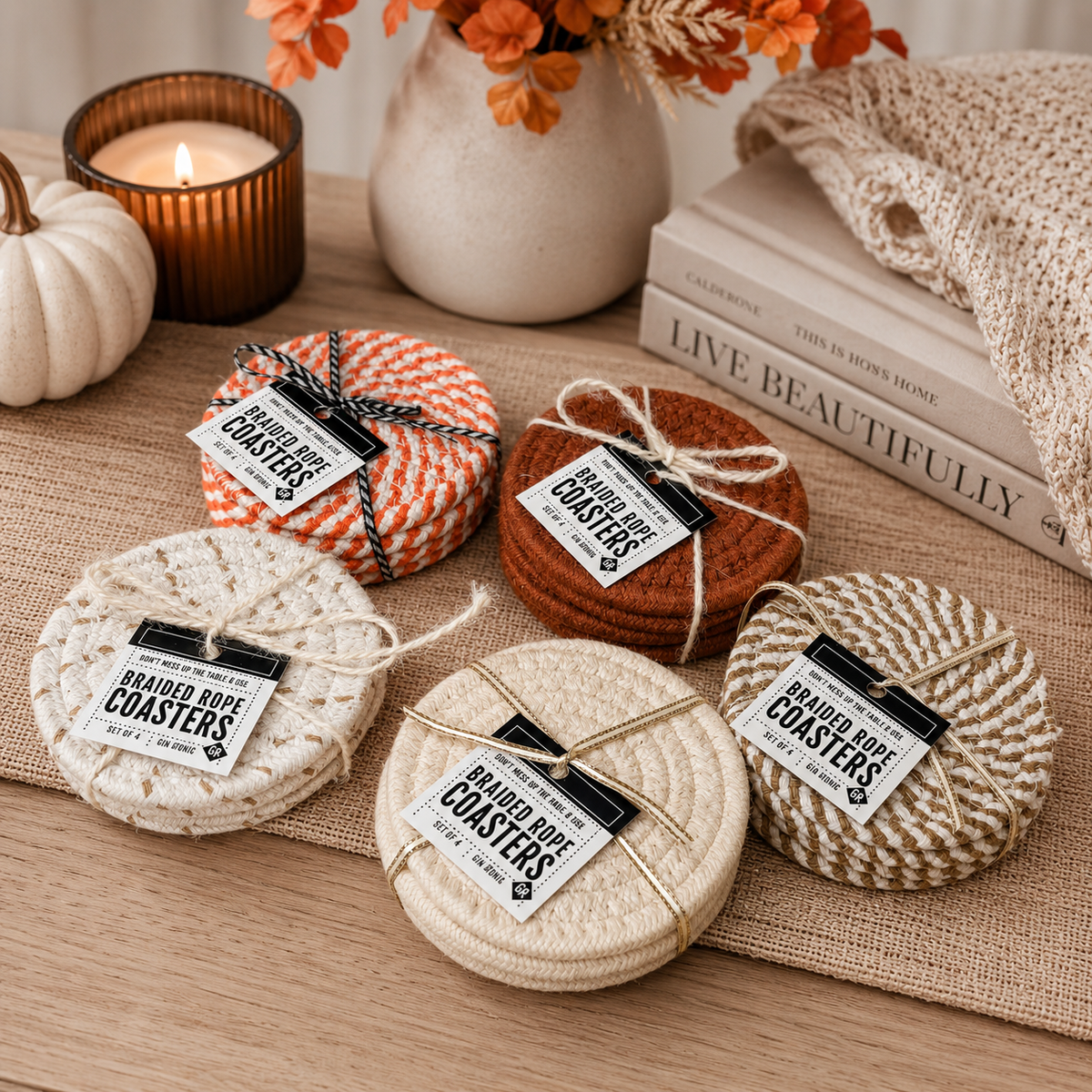Holiday Fabric Coasters, Red White Christmas Coaster Set: Red-4pk