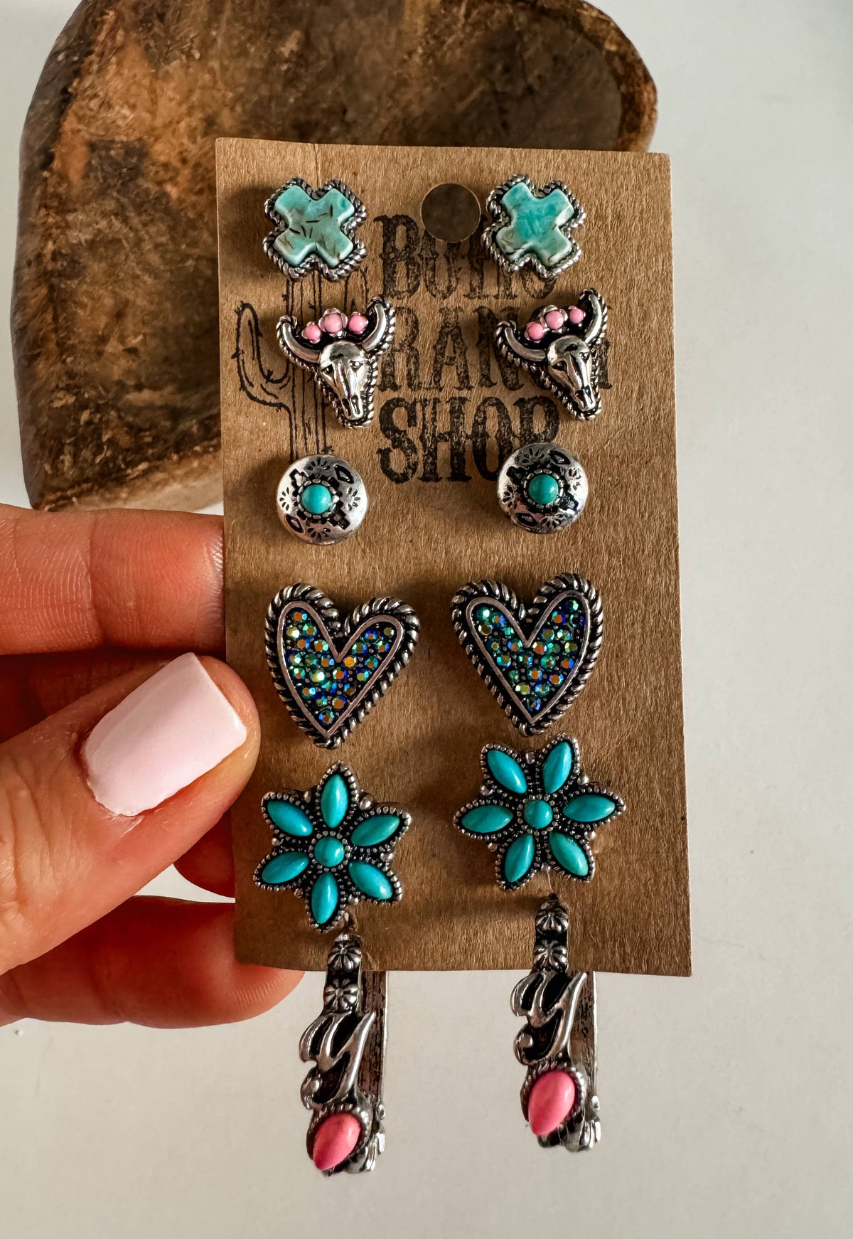 6 Pair Western Navajo Style Rhinestone Stud Stud Earring Set: TURQUOISE