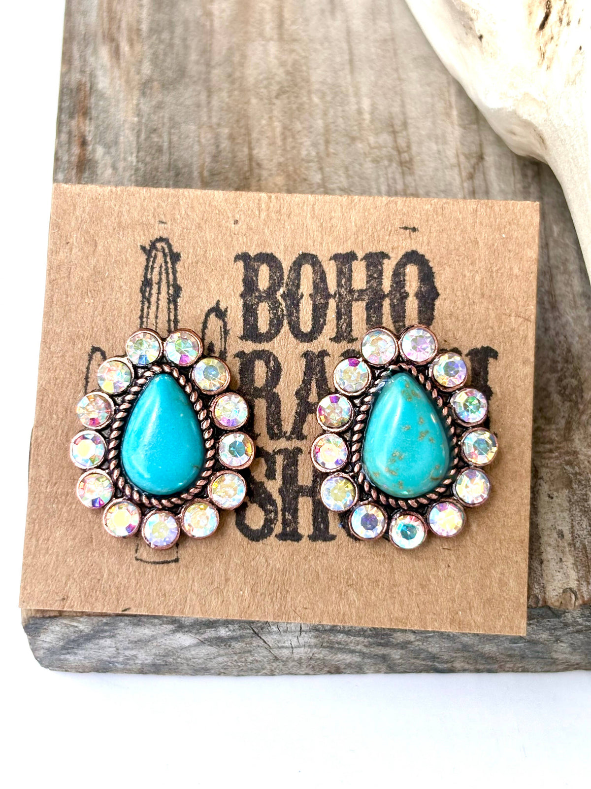 Western  Stone Teardrop Stud Earrings - Turquoise | Clear: CLEAR AB STONE