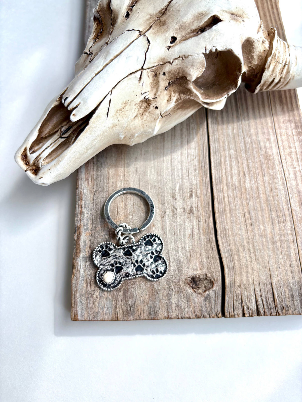 Paw Printed Dog Bone Metal Pendant Keychain : White