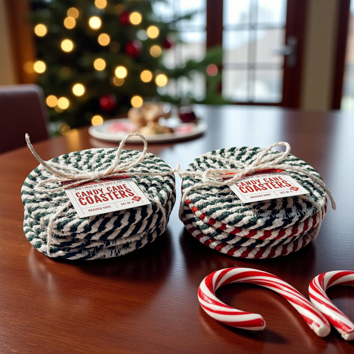 Holiday Fabric Coasters, Red White Christmas Coaster Set: Red-4pk