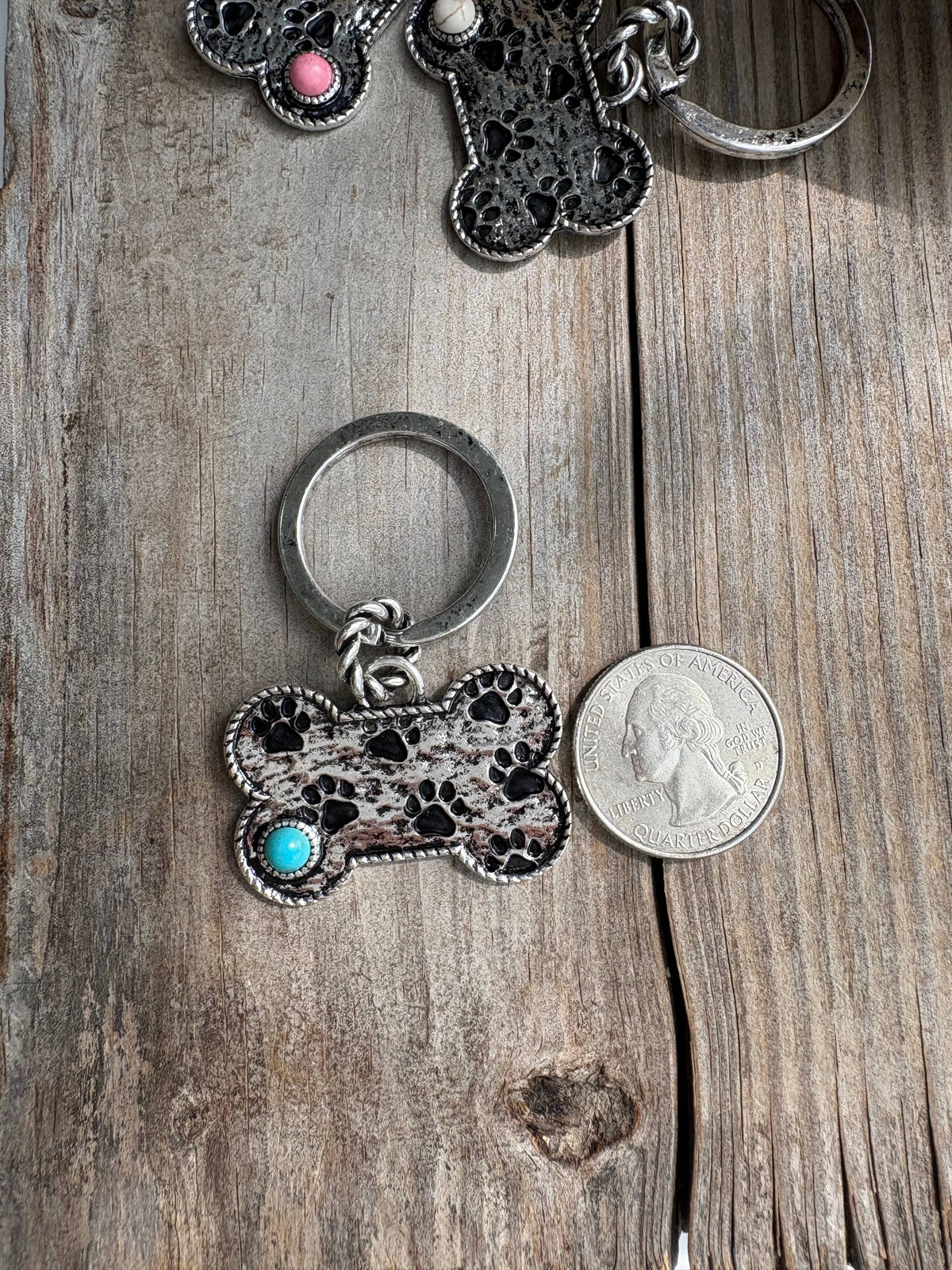 Paw Printed Dog Bone Metal Pendant Keychain : White