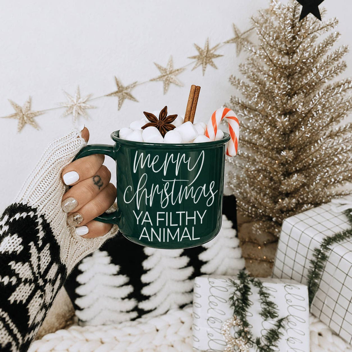 Christmas Mugs Funny, Red & Green Holiday Coffee Cup Ceramic: Deck the Halls (Green)