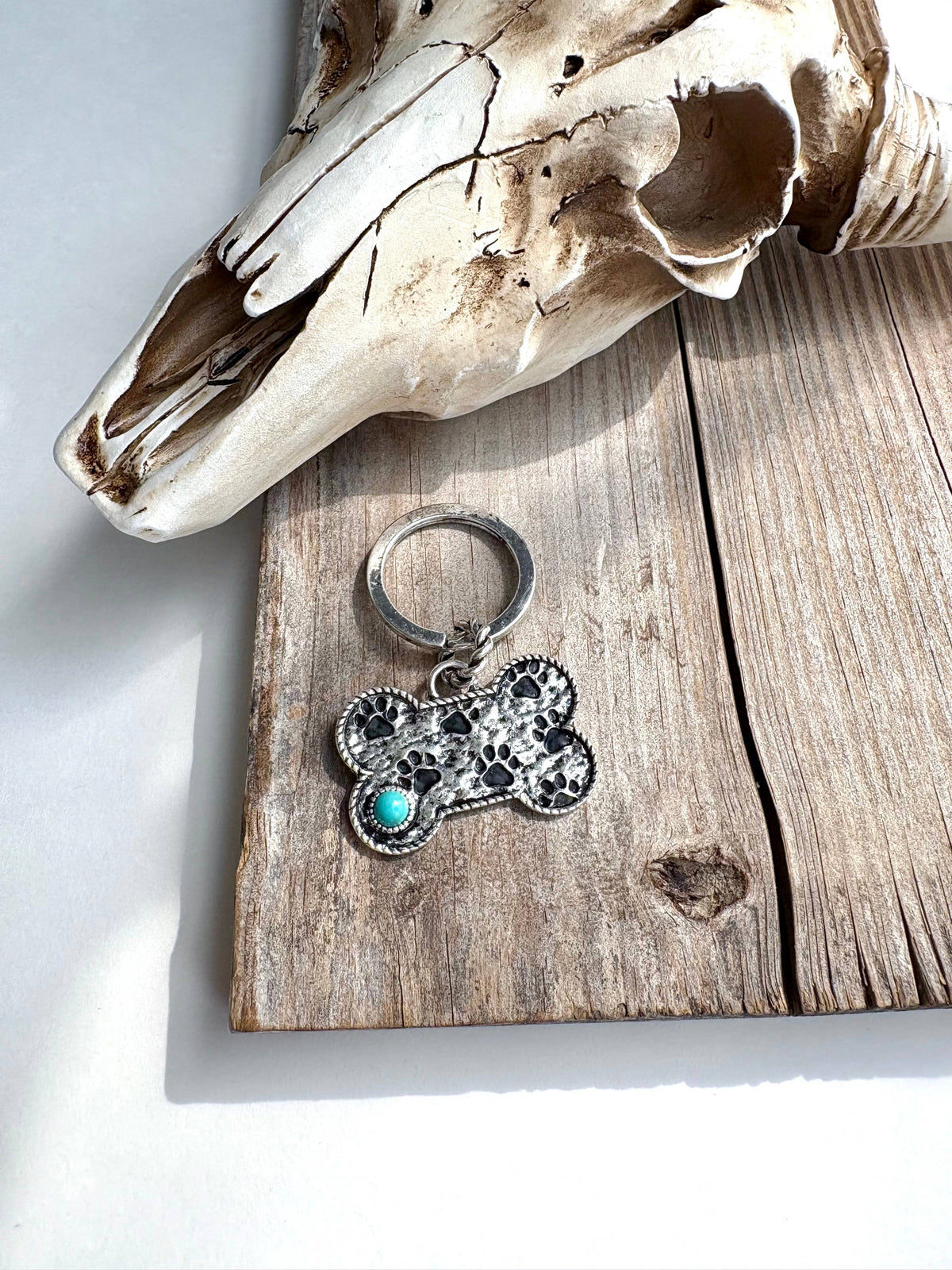 Paw Printed Dog Bone Metal Pendant Keychain : White