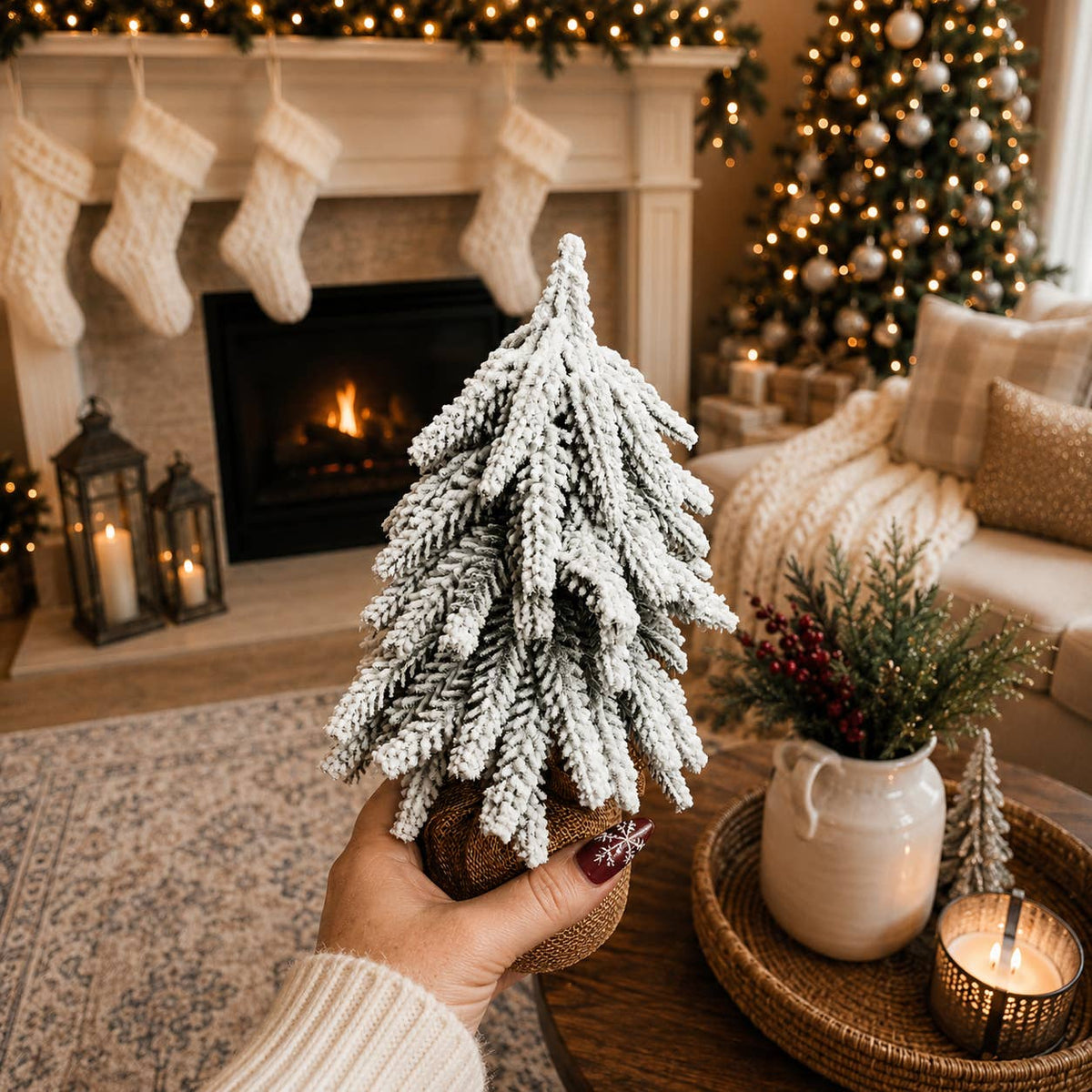 Christmas Trees with Snow, Holiday Mantle & Shelf Home Decor: 8"