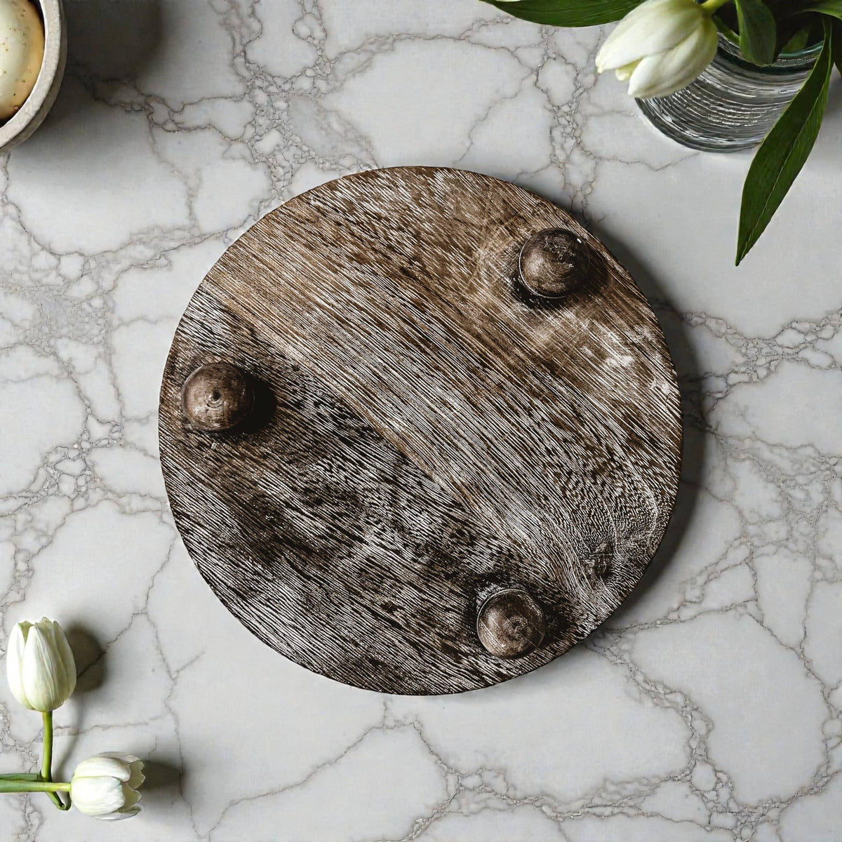 Raised Handmade Wooden Pedestal Stands, Wood Trinket Trays: Rustic Distressed Oval