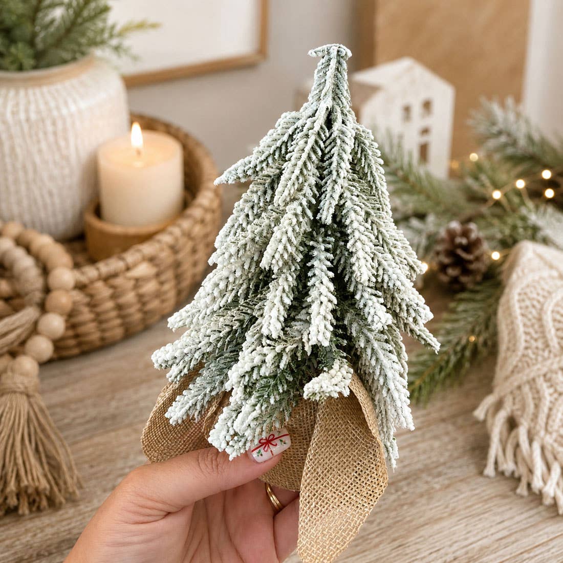 Christmas Trees with Snow, Holiday Mantle & Shelf Home Decor: 8"