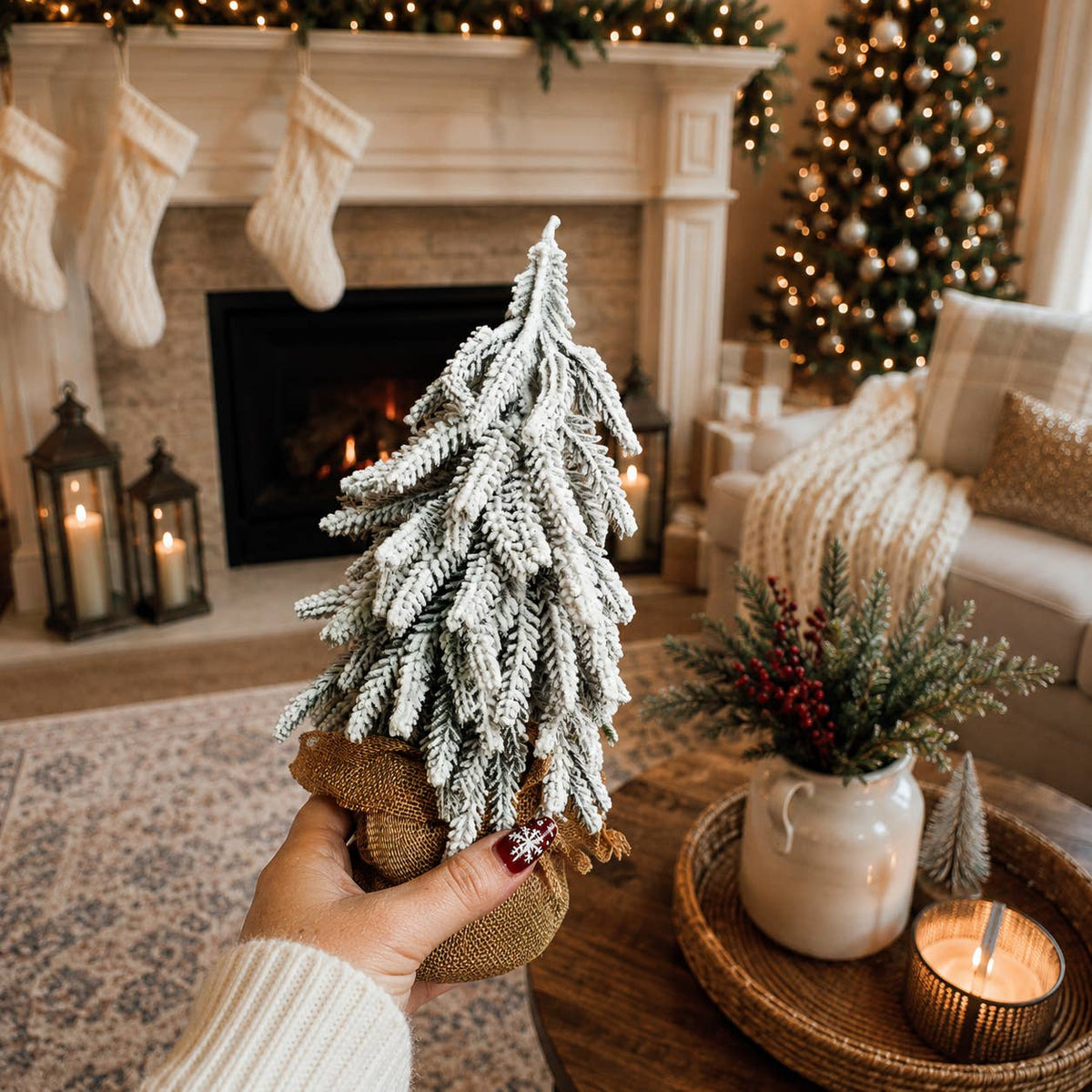Christmas Trees with Snow, Holiday Mantle & Shelf Home Decor: 8"