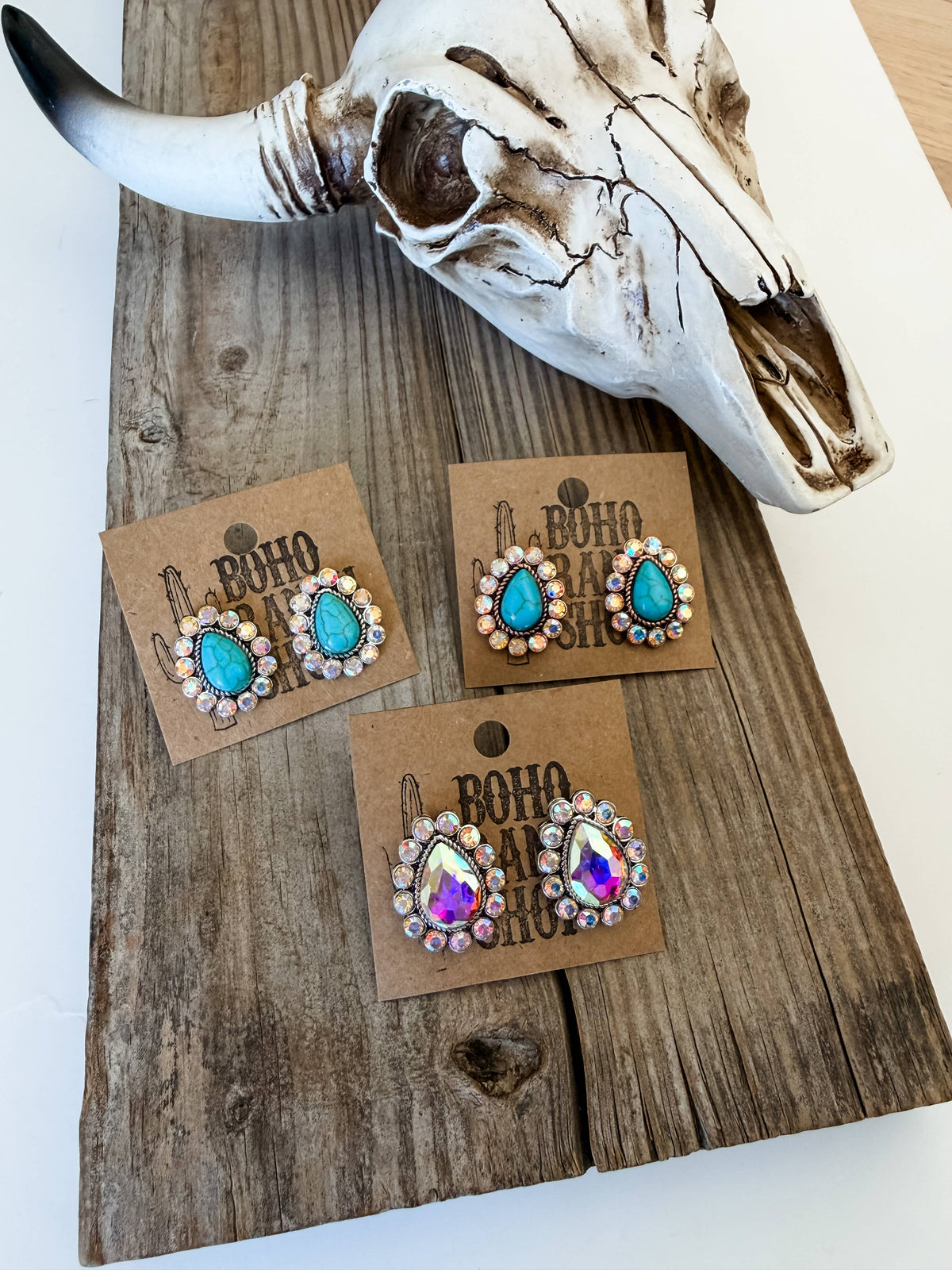 Western  Stone Teardrop Stud Earrings - Turquoise | Clear: CLEAR AB STONE