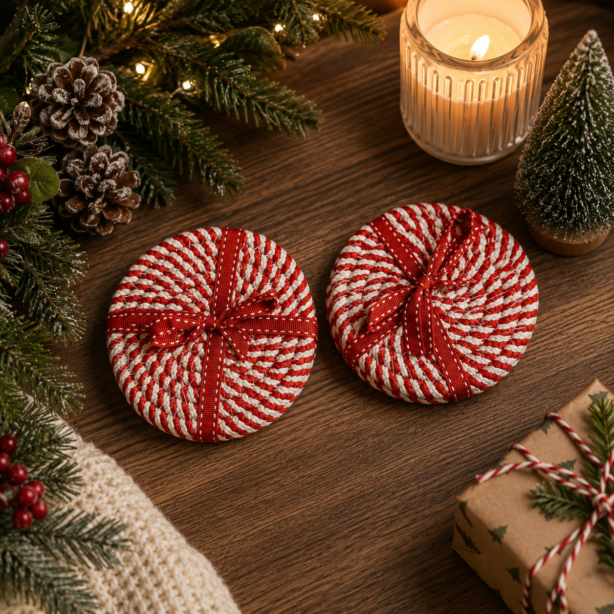 Holiday Fabric Coasters, Red White Christmas Coaster Set: Red-4pk