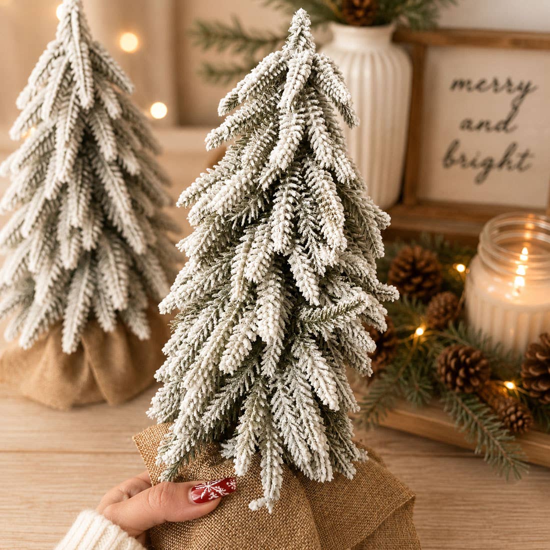 Christmas Trees with Snow, Holiday Mantle & Shelf Home Decor: 8"