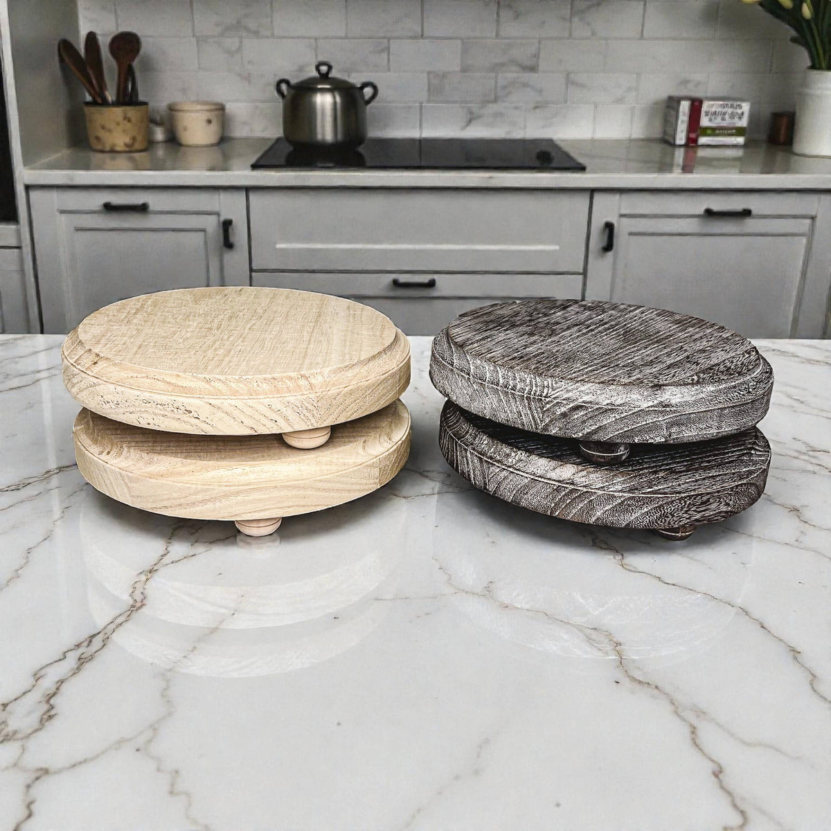Raised Handmade Wooden Pedestal Stands, Wood Trinket Trays: Rustic Distressed Oval