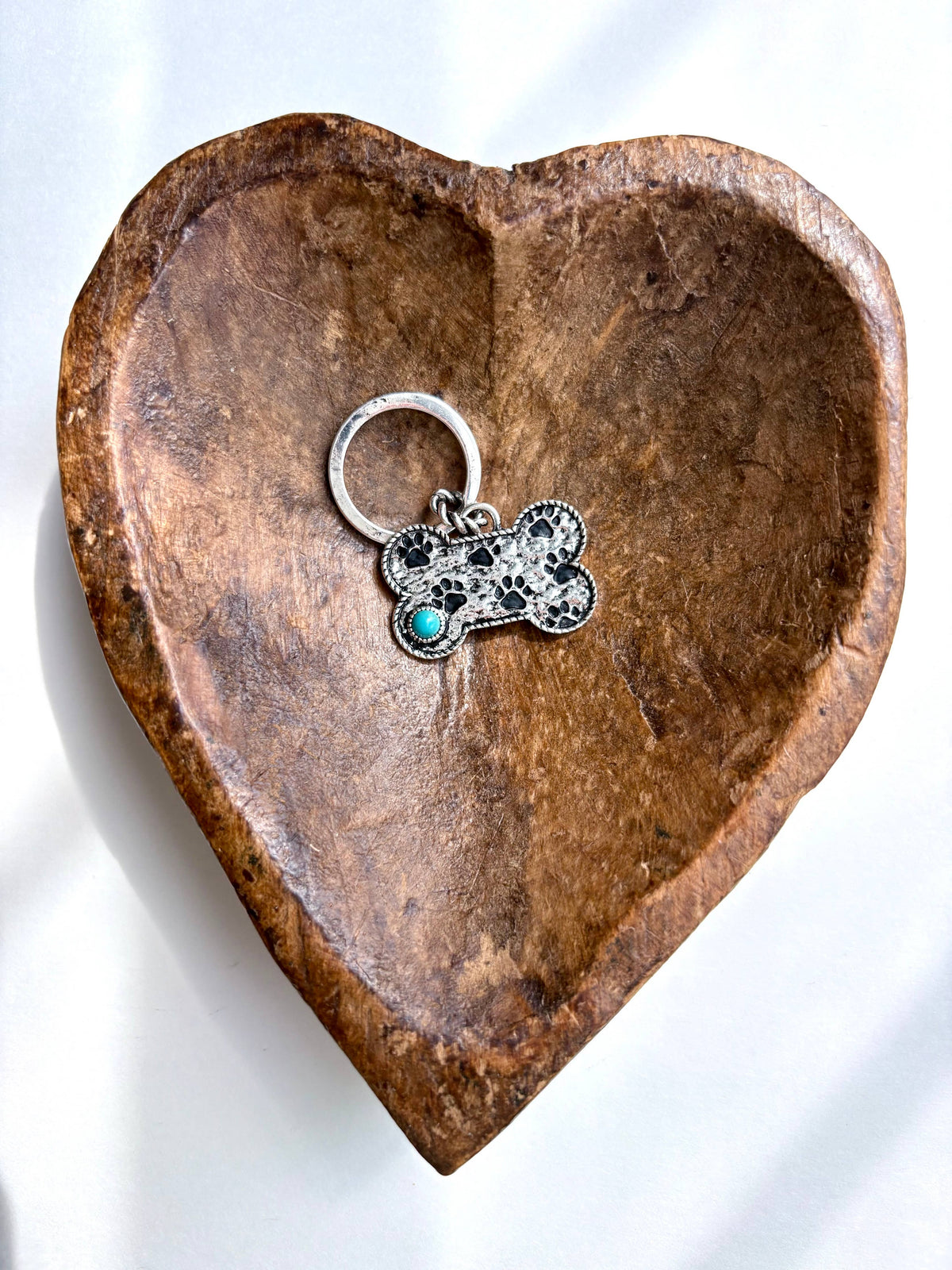Paw Printed Dog Bone Metal Pendant Keychain : White