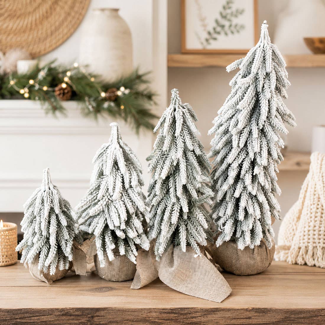 Christmas Trees with Snow, Holiday Mantle & Shelf Home Decor: 8"