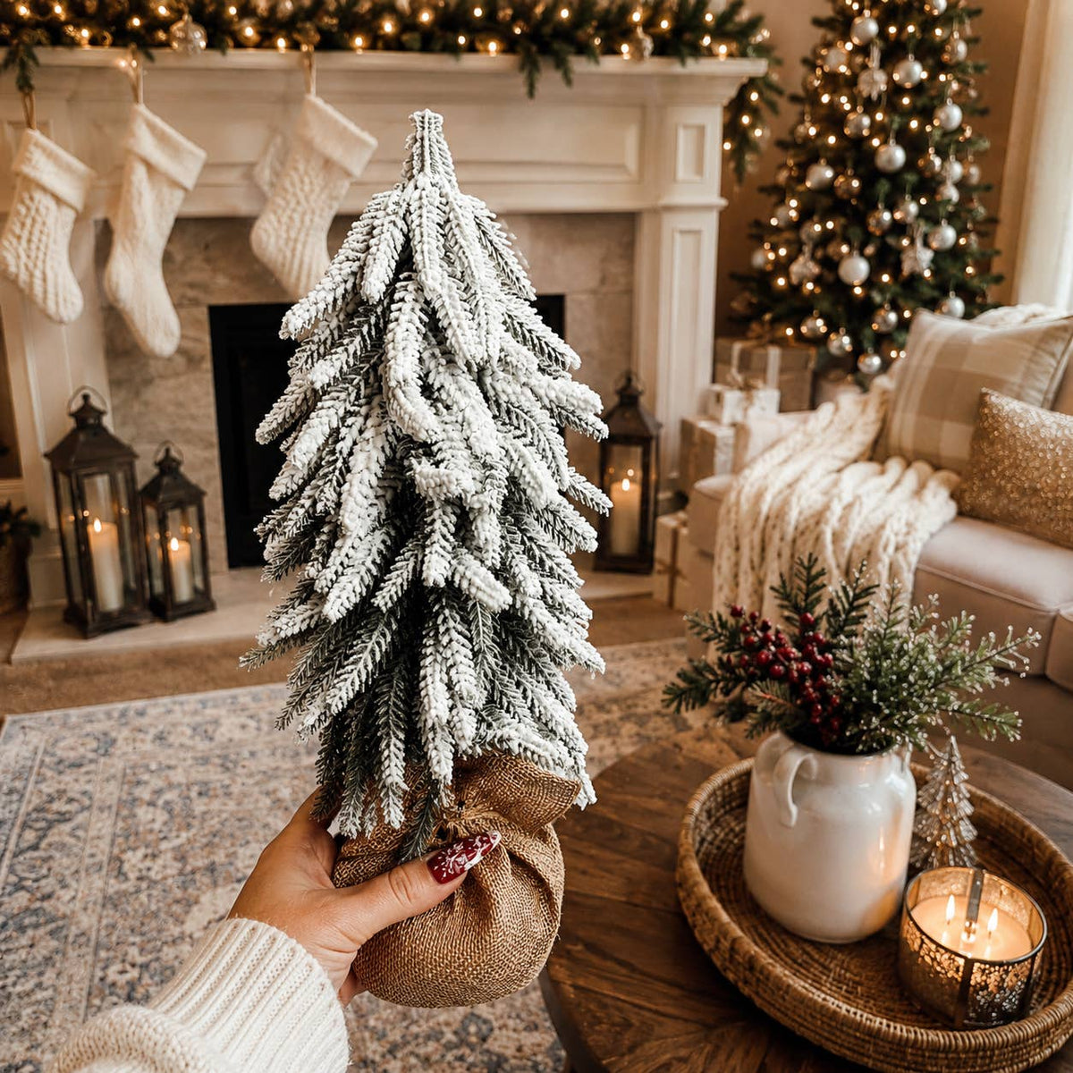 Christmas Trees with Snow, Holiday Mantle & Shelf Home Decor: 8"