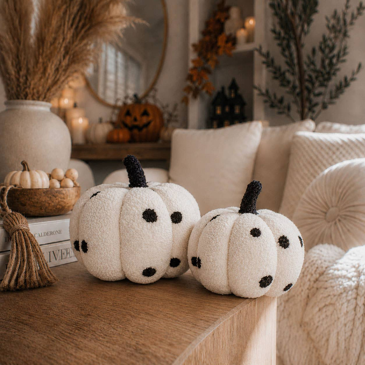 Neutral Fall + Halloween Home Decor, Cute Cotton Pumpkins BW: BW Polk a Dot / Small
