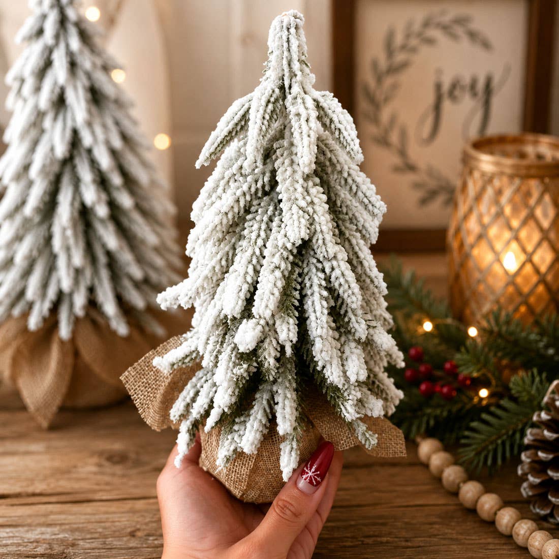 Christmas Trees with Snow, Holiday Mantle & Shelf Home Decor: 8"