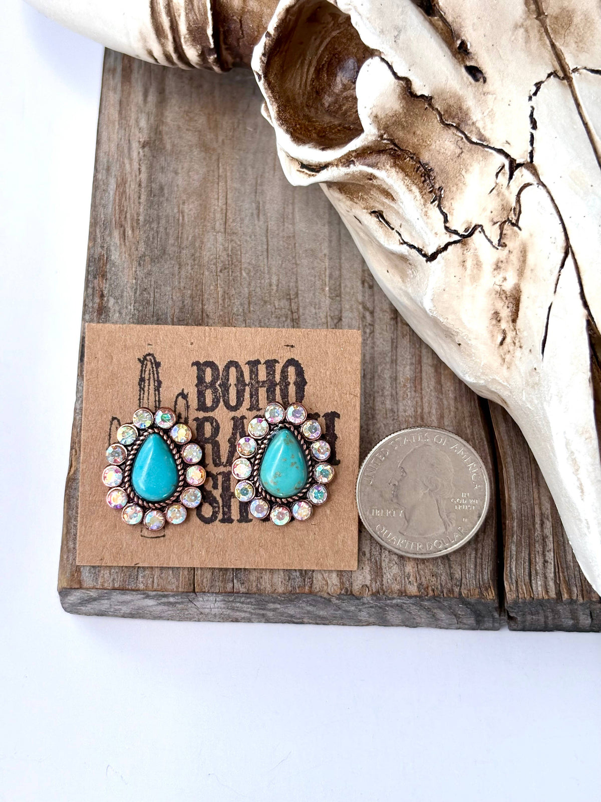Western  Stone Teardrop Stud Earrings - Turquoise | Clear: CLEAR AB STONE
