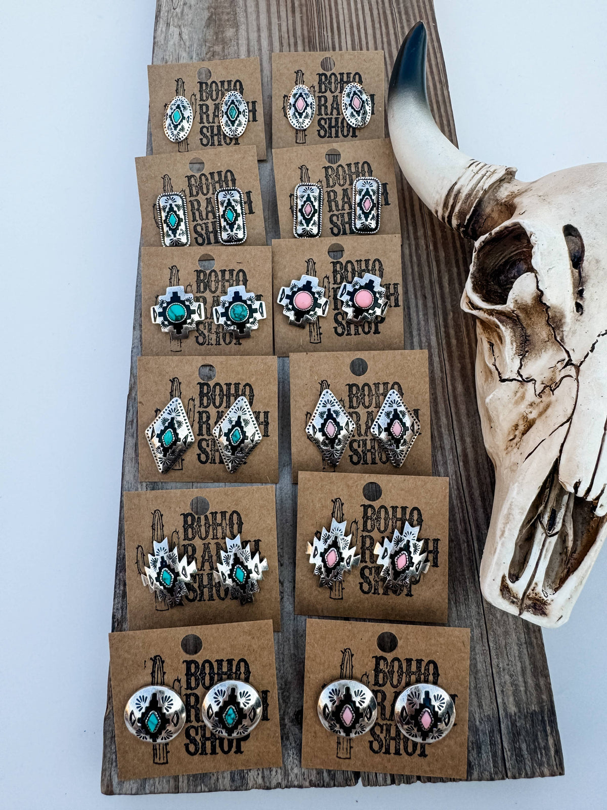 Western Hand Stone Aztec Post Earrings - turquoise pink: STYLE 5 - AZTEC TURQUOISE