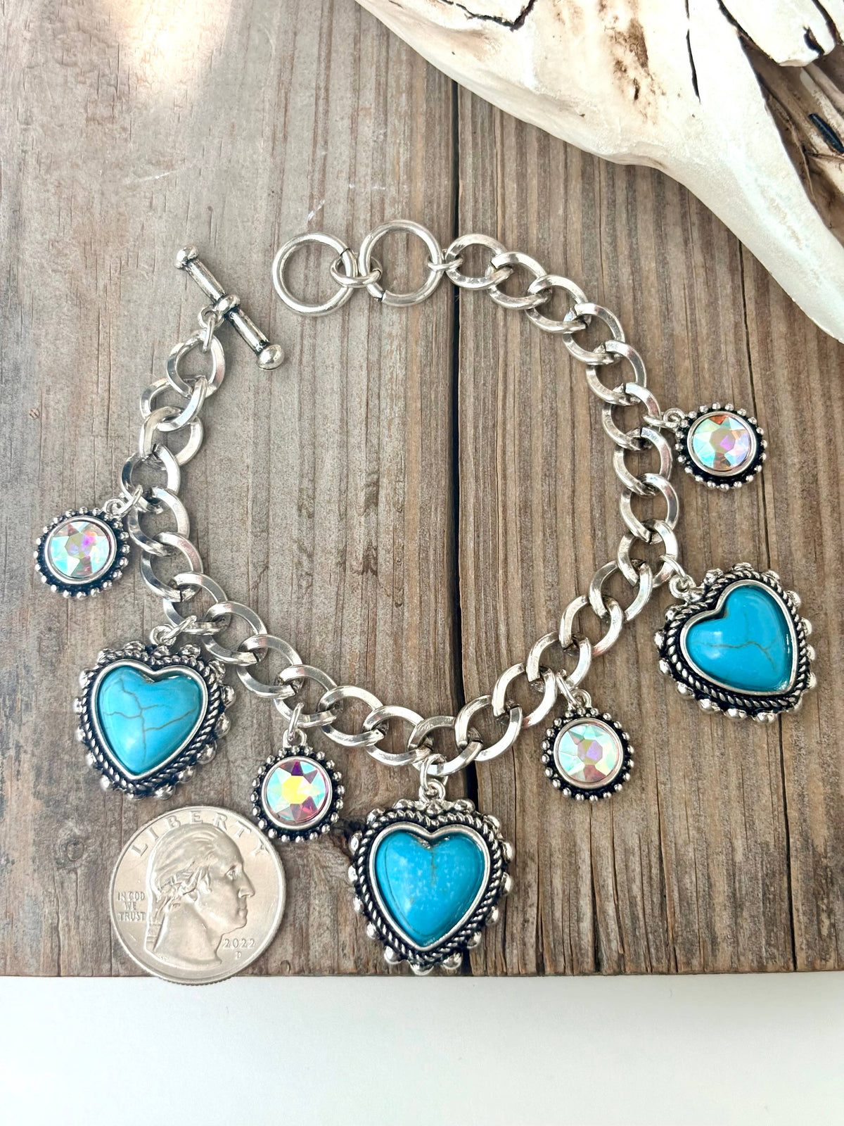 Heart Turquoise Stone Charm & Rhinestone Toggle Bracelet