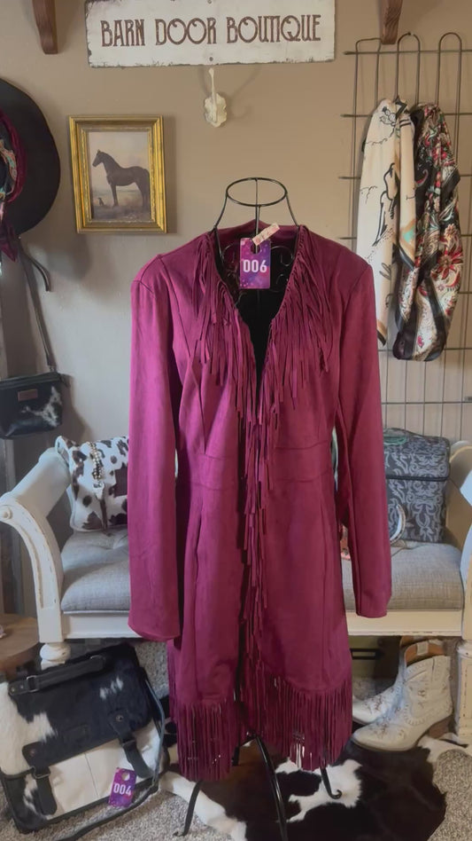 Sterling Kreek Rustic Burgundy Fringe Jacket – Western Style with Leopard Lining (#006)